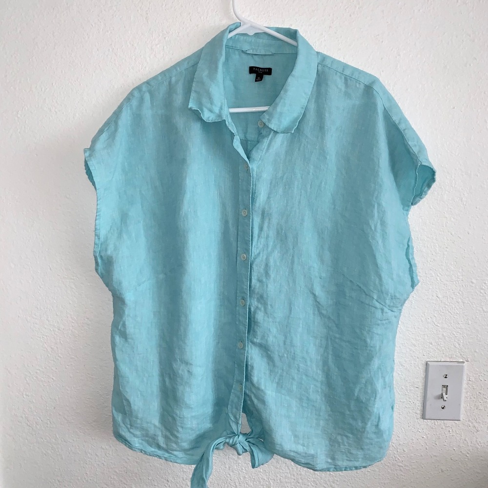 Talbots Plus 1X Turquoise 100% Linen Tie Front Button Down Short Sleeve Shirt